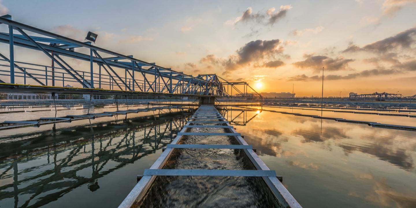 Wastewater treatment plant at sunset